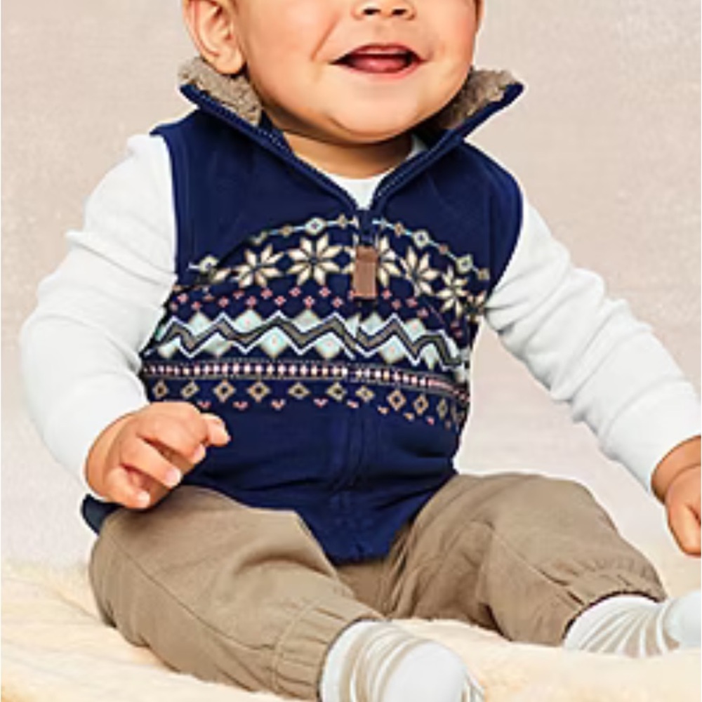Carter’s blue fleece baby boy full zip Sherpa neckline fair isle vest size 12M